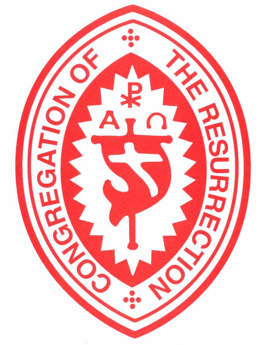 An oval shape pointed at the top and bottom with a flag with a cross and the symbol for the alpha and omega and the words Congregation of the Resurrection, all in red and white
