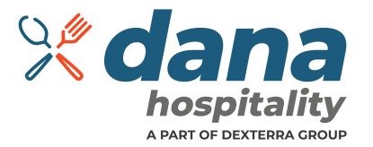A stylized crossed spoon and fork next to the words Dana Hospitality in lowercase, and below that reads A part of Dexterra Group in all caps
