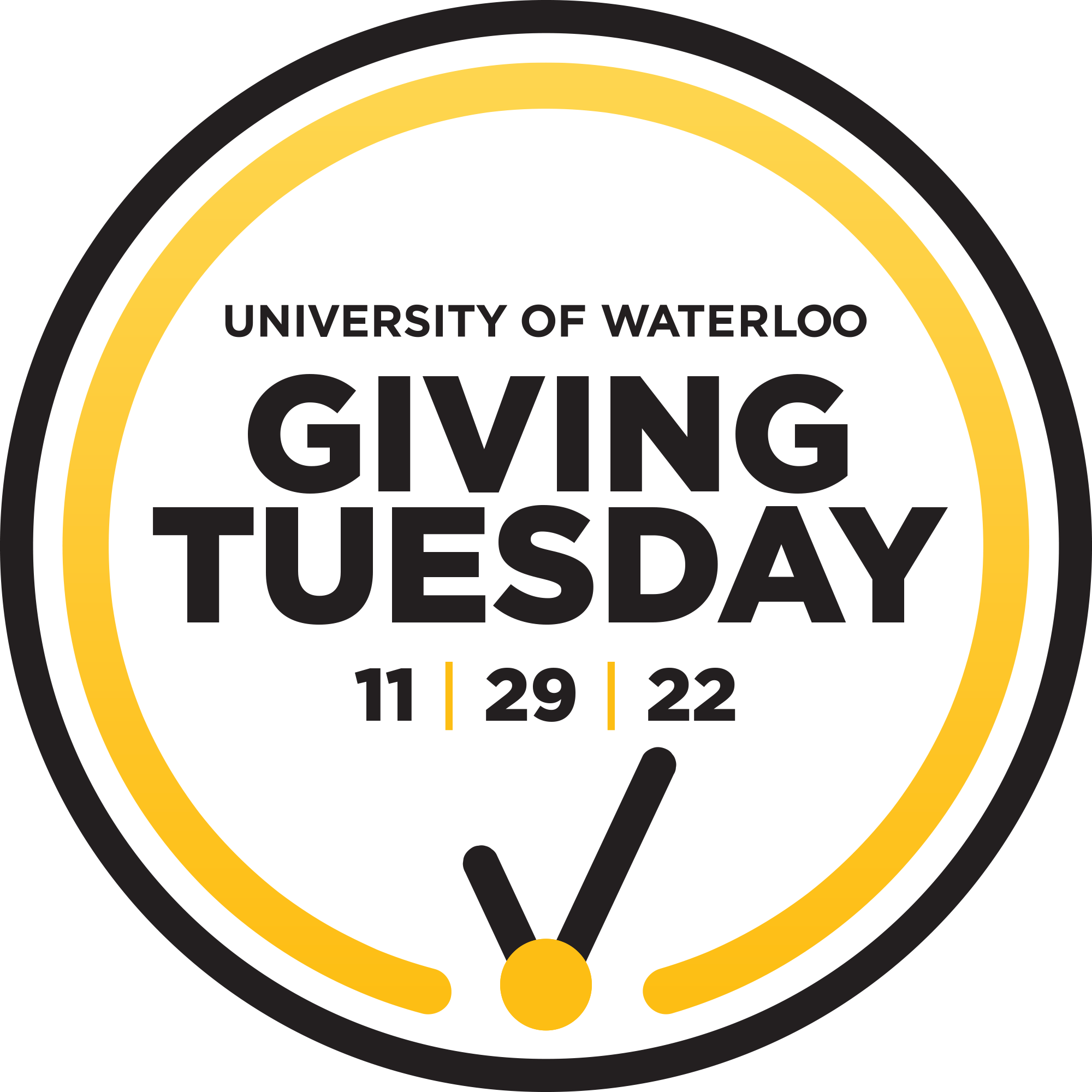 A black circle surrounding a gold circle around the words University of Waterloo Giving Tuesday 11/29/22.