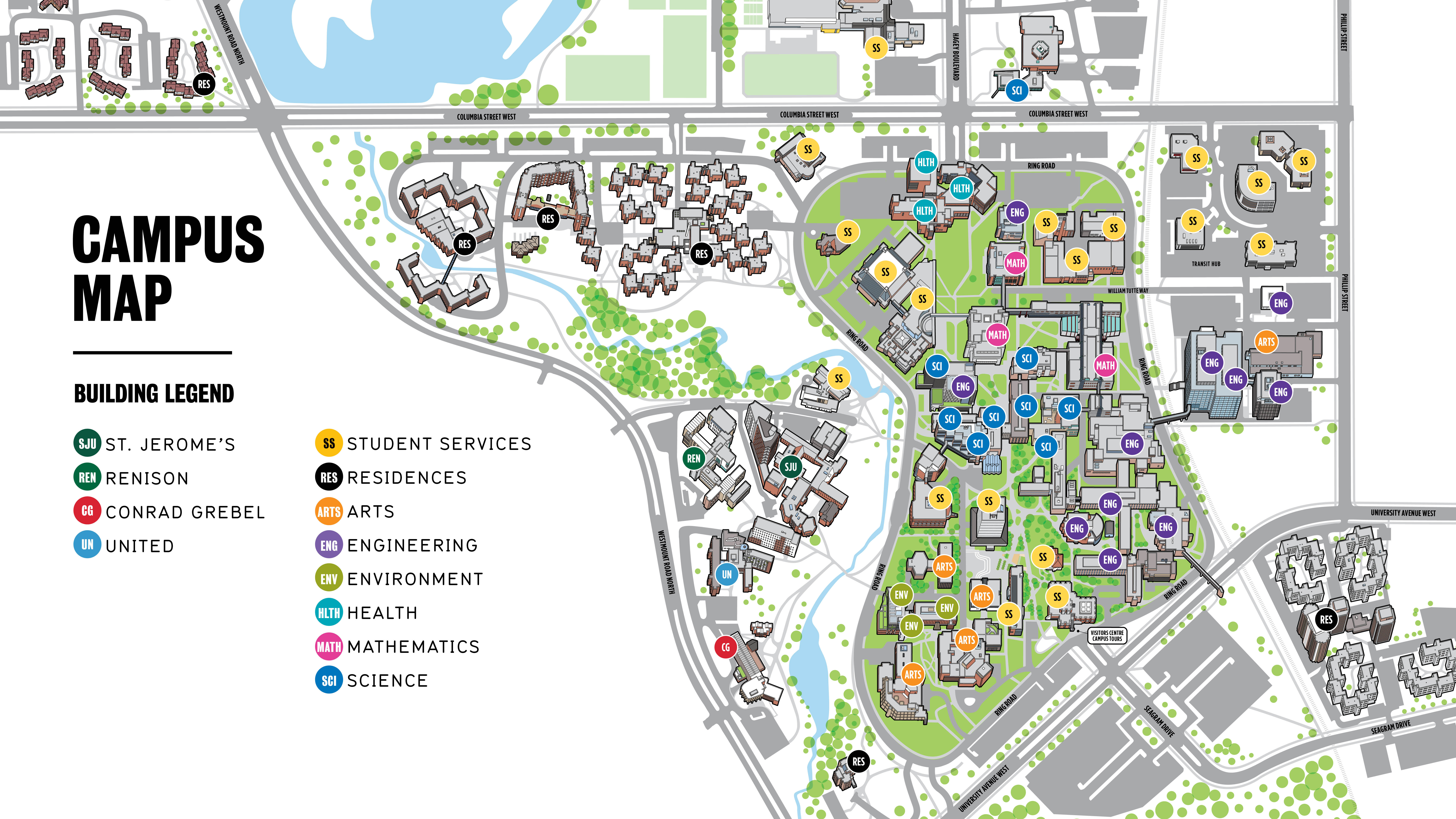 A multicoloured map of the full University of Waterloo Campus with all buildings and university colleges marked.