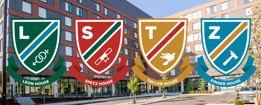 Image of Emblems of four houses with SJU campus in background 